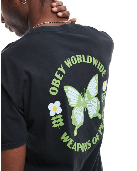 T-shirt unisexe teint sur pièce avec imprimé papillon Obey en coloris Black