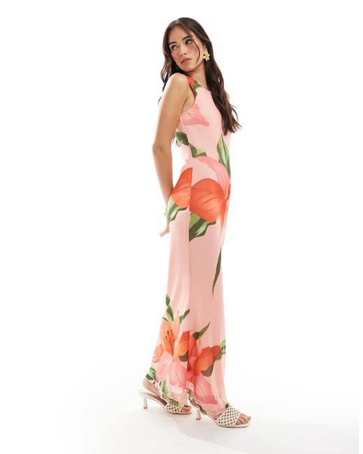 Vero Moda White – ärmelloses mesh-kleid mit naht vorne und auffälligem hibiskus-blumenprint