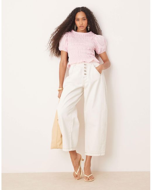 ASOS Pink Cotton Shirred Top With Frill Peplum And Puff Sleeve