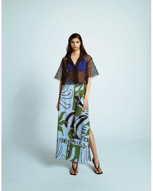 TOPSHOP Blue Crop Organza Embroidered Shirt