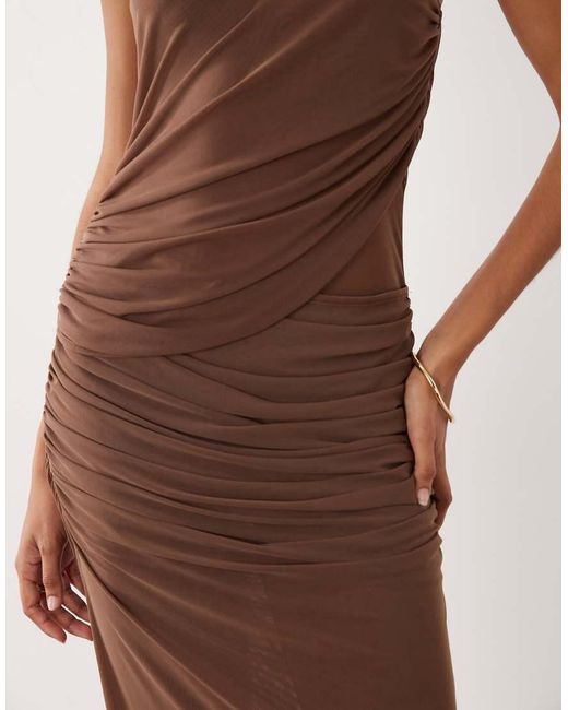 SNDY'S Brown Halterneck Mesh Insert Drape Detail Maxi Dress