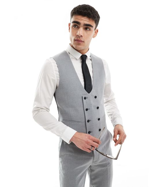 ASOS Gray Double Breasted Skinny Suit Waistcoat for men