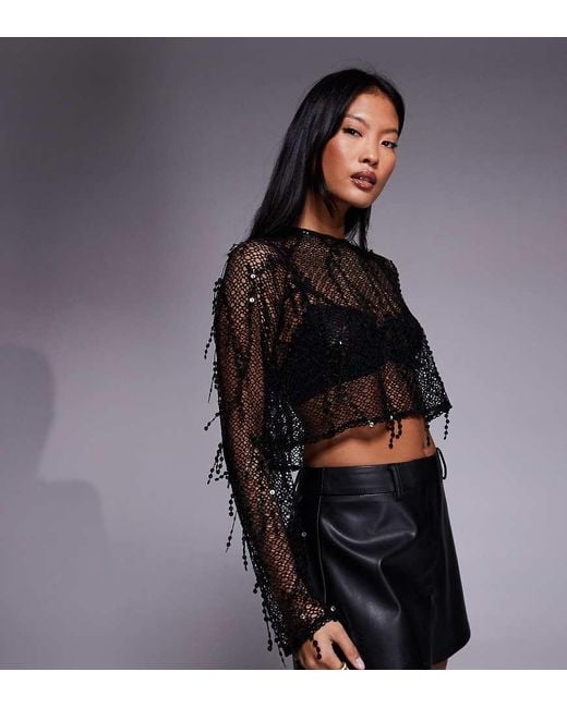 Jaded Rose Petite Black Open Knit Tassel Sequin Cropped Top