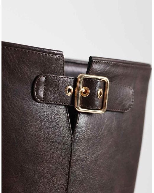 London Rebel Black Trista Chunky Knee Boots With Buckle Details
