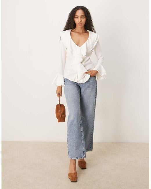 Glamorous White V-Neck Ruffle Trim Blouse
