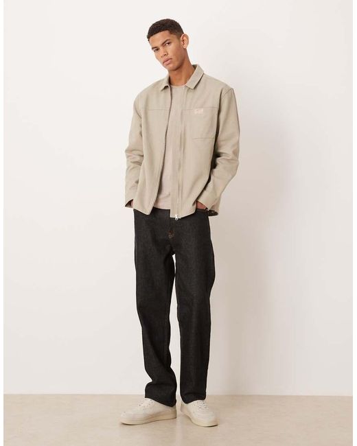 ASOS Natural Cotton Zip Through Overshirt With Chest Badge for men