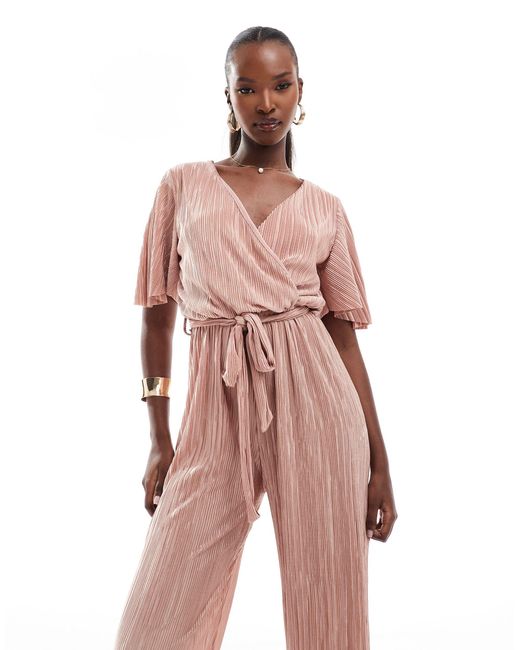AX Paris Pink Short Sleeve Plisse Wrap Jumpsuit