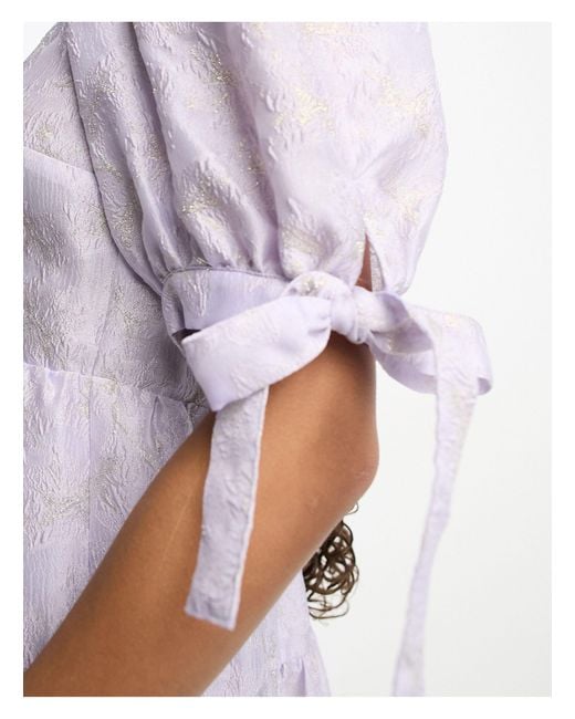 Monki White Balloon Sleeve Floral Shimmer Brocade Midi Dress