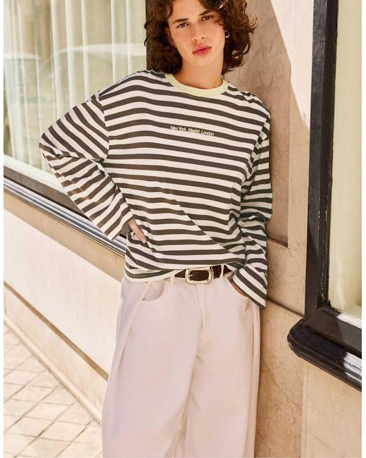 Pull&Bear Natural Oversize Striped T-shirt