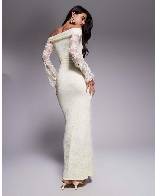 Kaiia Purple Exclusive Double Layered Slinky Lace Bardot Flare Sleeve Tie Waist Drape Detail Maxi Dress