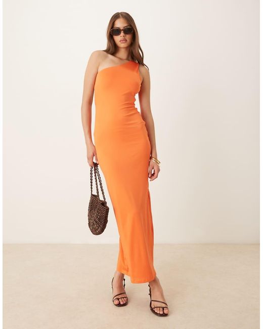 SNDY'S Orange One Shoulder Side Slit Open Back Twist Detail Bodycon Maxi Dress