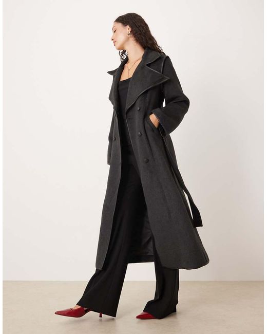 SNDY'S Multicolor Wool Look Faux Leather Trim Collared Belted Double Breasted Maxi Coat
