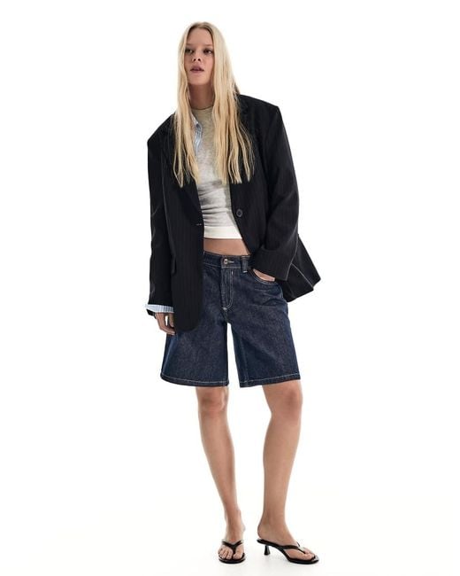 Bershka Blue Striped Double-breasted Blazer