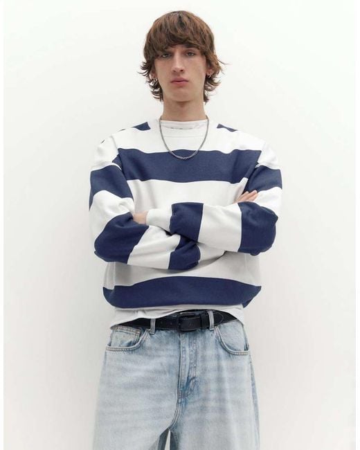 Pull&Bear Blue Striped Round Neck Sweatshirt for men