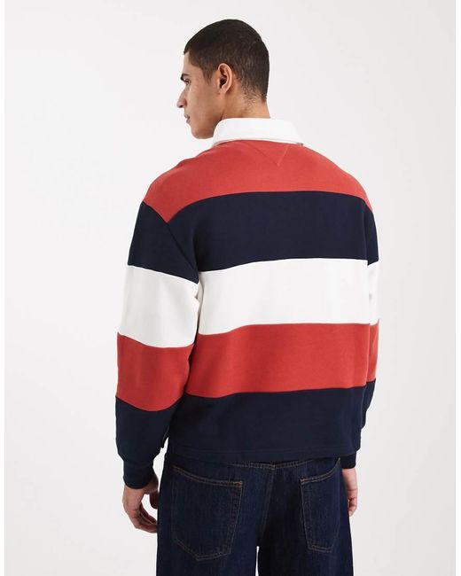 Maglione Stile Rugby Comodo Rosso, E Bianco A Righe Con Logo A Bandiera di Tommy Hilfiger in Red da Uomo