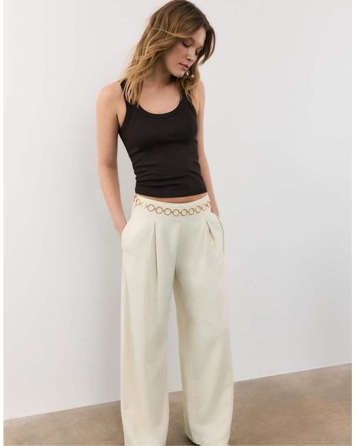 Stradivarius Natural Petite Satin Trousers With Darts And Chain