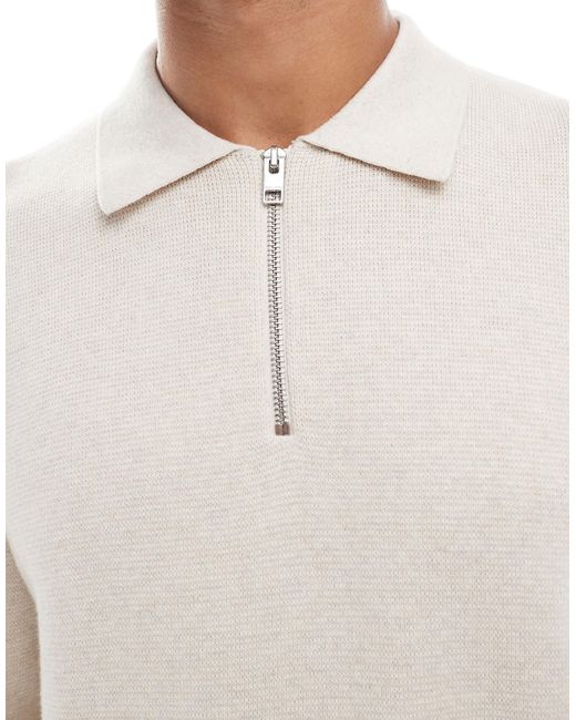 Jack & Jones White Premium Long Sleeve Knitted Polo With Quarter Zip for men
