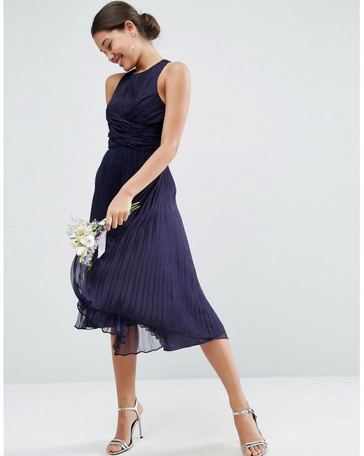 ASOS Blue Design Bridesmaid Pleated Midi Dress With Ruched Detail