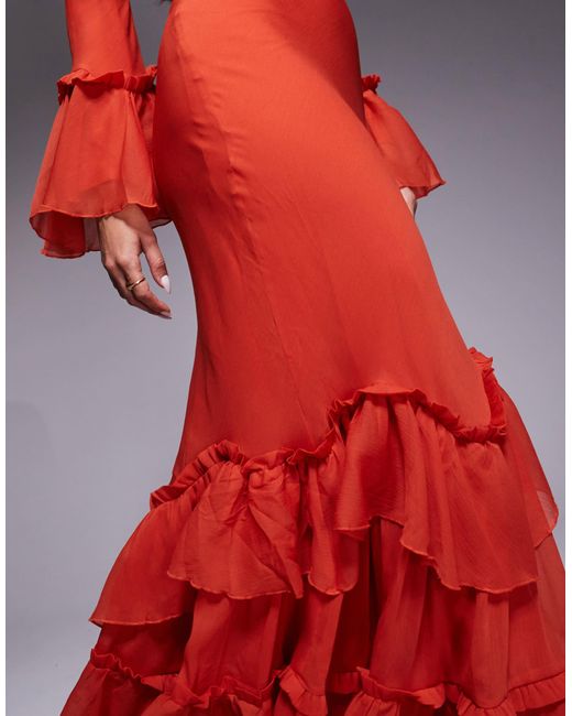 ASOS Red Tie Ruffle Long Sleeve Chiffon Maxi Dress