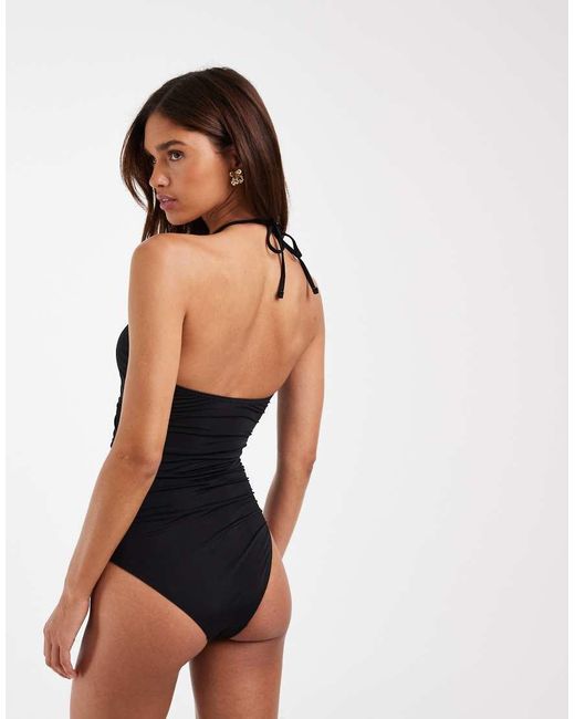 Vero Moda White Plunge Front Halter Neck Ruched Detail Swimsuit