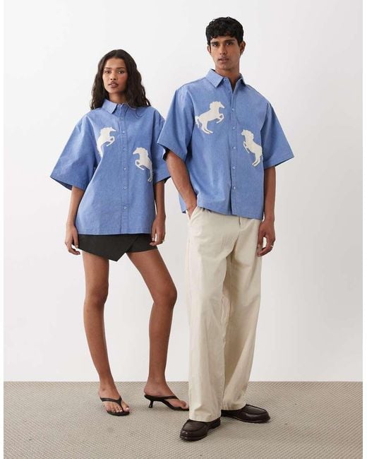 Sister Jane Blue Dala Unisex Cotton Applique Horse Detail Boxy Denim Shirt