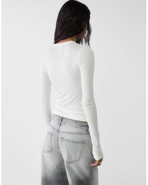 Stradivarius Geribbeld T-Shirt Met Lange Mouwen in het Natural