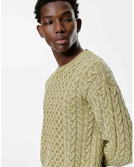 Pull&Bear Kabelgebreide Trui Met Acid Wash in het Green voor heren