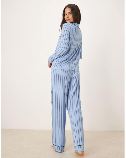 ASOS Blue Super Soft Long Sleeve Shirt & Trouser Pyjama Set With Contrast Piping
