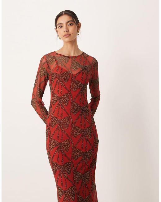 Never Fully Dressed Red Leopard Bow Mesh Maxi Dress