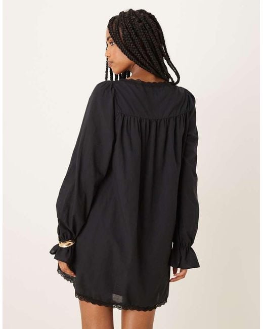 ASOS Black Cotton Lace Trim Long Sleeve Babydoll Mini Dress