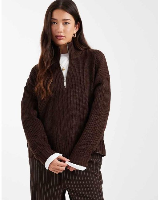 Brave Soul Brown Chunky Knit Quarter Zip Jumper
