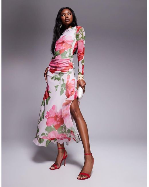 ASOS Multicolor Mesh Long Sleeve Frill Detail A Line Maxi Dress