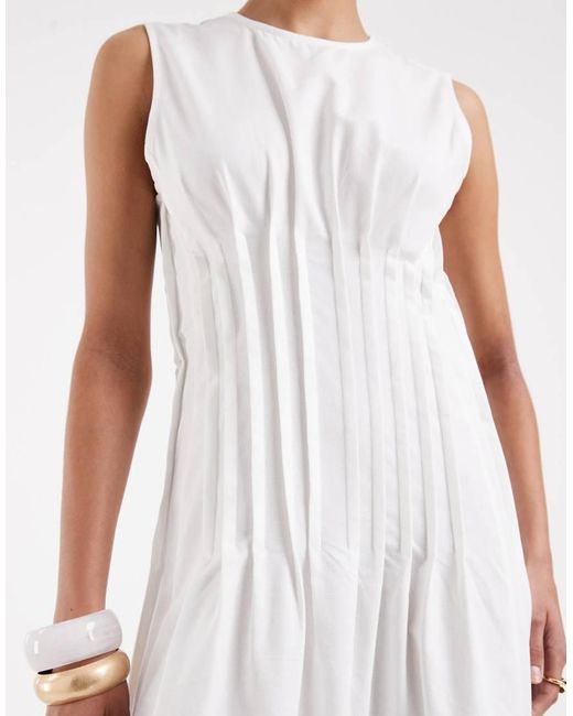 Vero Moda White Poplin Pleated Waist Sleeveless Midi Dress