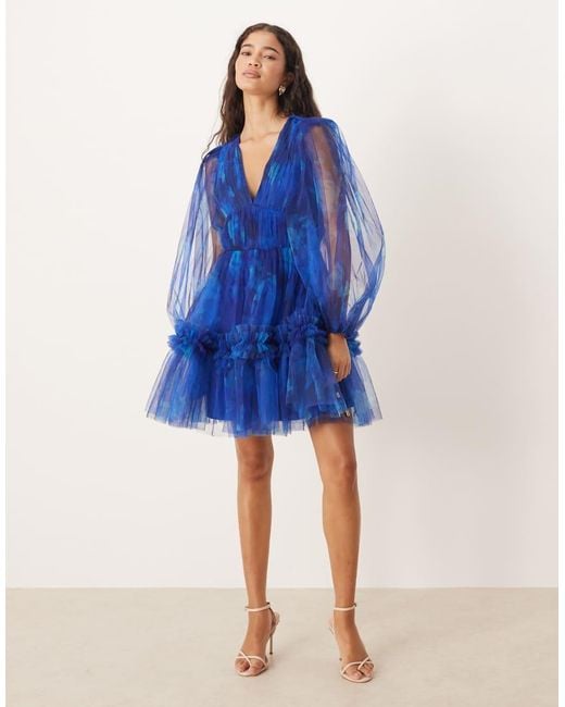 LACE & BEADS Blue Balloon Sleeve Organza Mini Dress