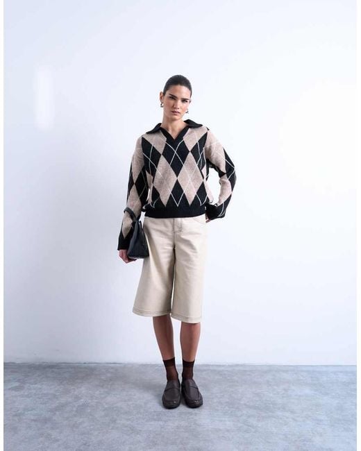 TOPSHOP Gray Knitted Argyle Polo