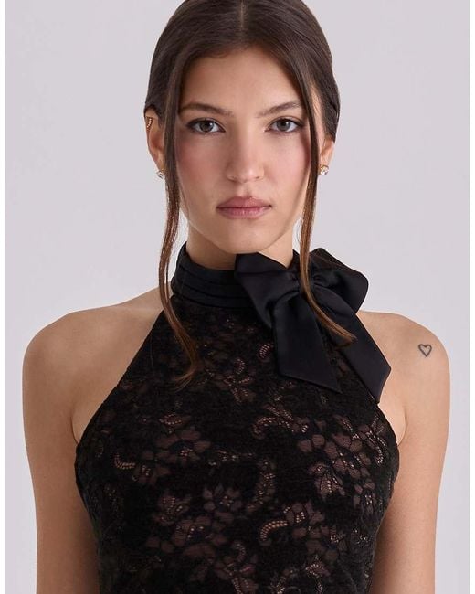 House Of Cb Black Natalya Lace High Neck Top With Detachable Bow