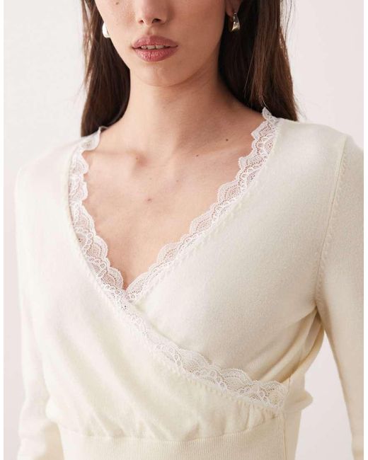 Miss Selfridge White Knitted Wrap Top With Lace Trim Detail