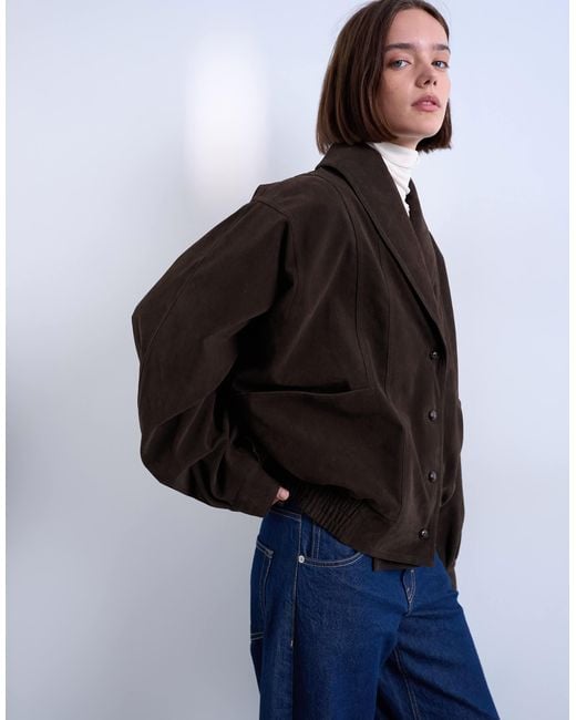 TOPSHOP Blue Faux Suede Shawl Bomber Jacket