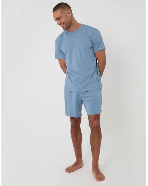 Threadbare Blue Cotton Grandad Pyjama Top & Shorts for men