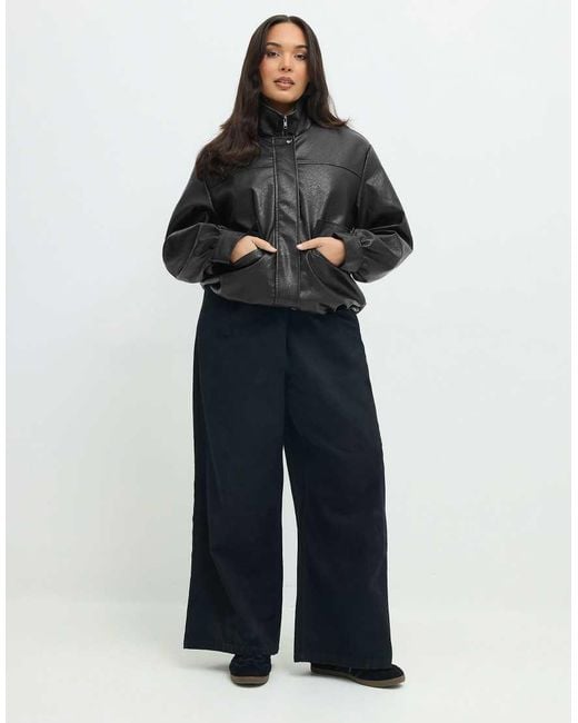 Yours Clothing Black Faux Leather Funnel Neck Jacket