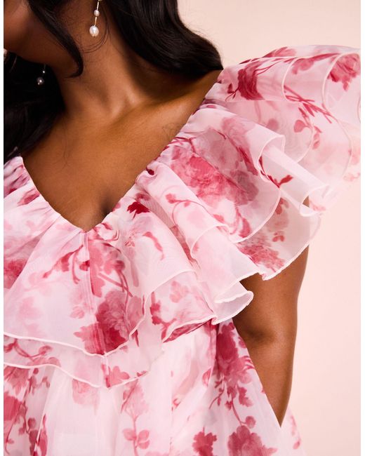 ASOS Pink Curve – kurzes babydoll-kleid aus organza mit rüschen und rotem blumenmuster