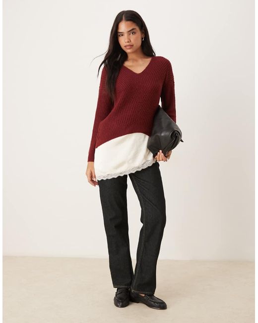 Jdy Red Lightweight V Neck Jumper