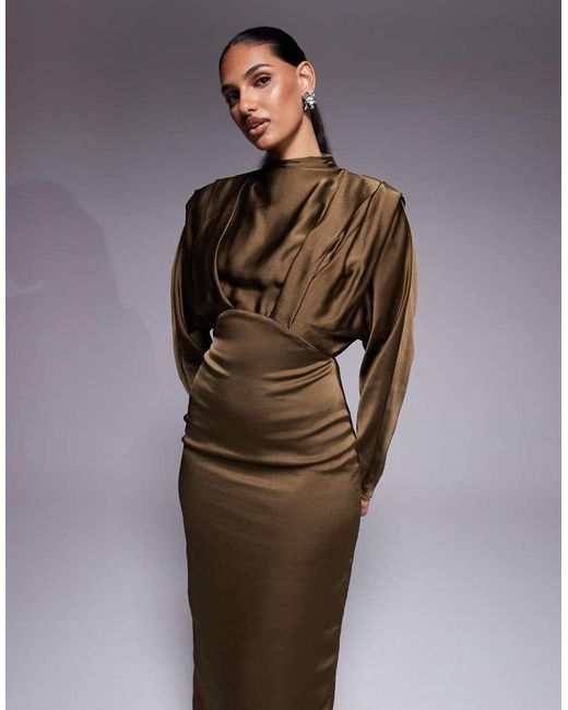 TFNC London Brown Satin High Neck Fold Over Detail Maxi Dress