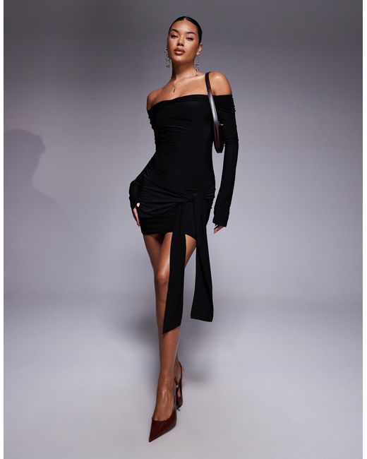 Kaiia Black Exclusive Double Layered Slinky Bardot Tie Side Drape Detail Mini Dress