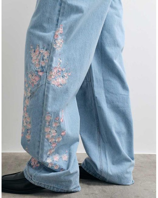 Liquor N Poker Blue Relaxed Japanse Blossom Print Jeans Co-Ord for men