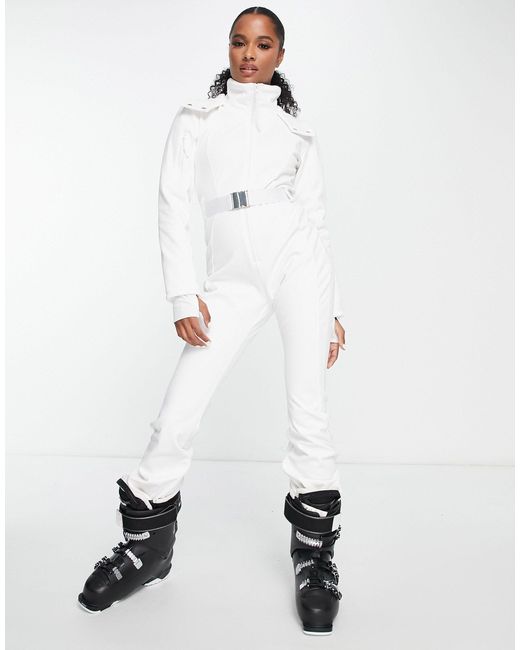 ASOS 4505 White Petite Ski Belted Ski Suit With Slim Kick Leg And Faux Fur Hood