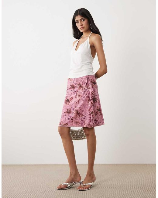 Motel Pink Asiki Animal Print Midi Skirt