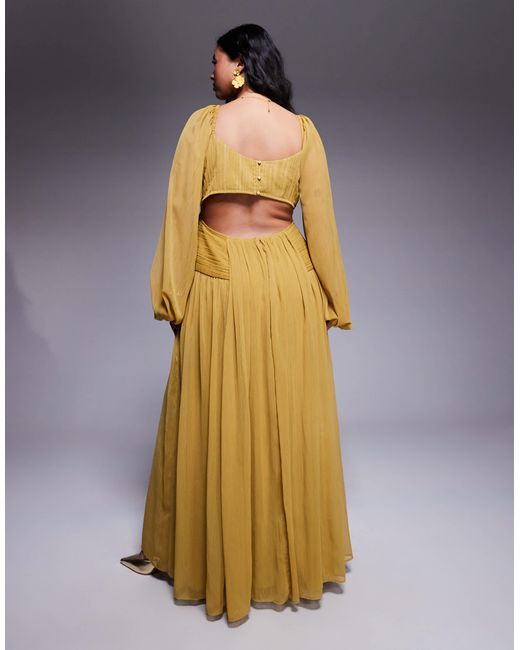 ASOS Metallic Asos Design Curve Long Sleeve Cut Out Maxi Dress With Ruched Skirt
