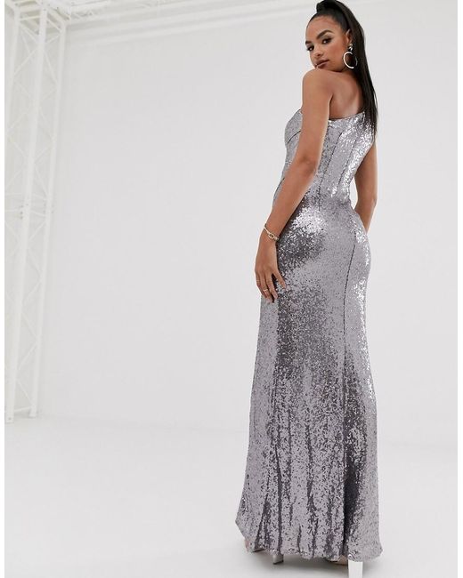 Bariano One Shoulder Sequin Gown With Thigh Split In Silver In