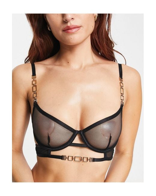 Bluebella Calypso Sheer Mesh Non Padded Demi Bra With Gold Chain Hardware  Detail in Black